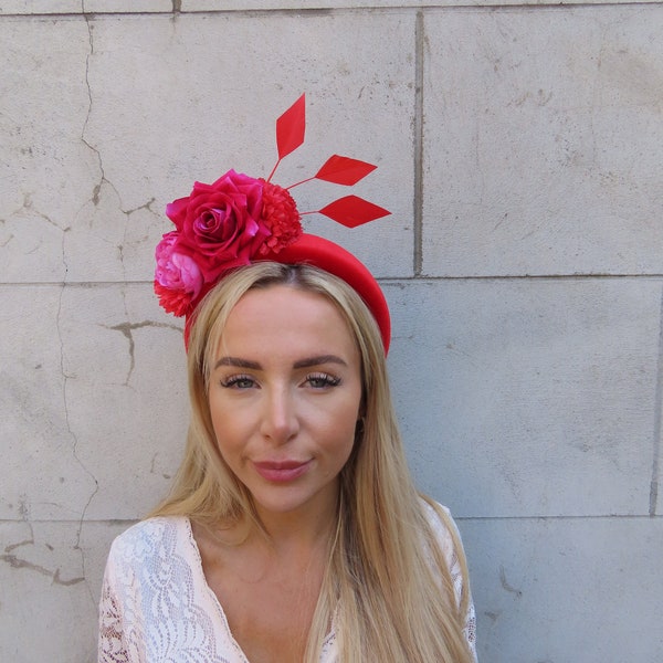 Red & Hot Pink Floral Feather Velvet Headband Ascot Fascinator Headpiece Wedding Races Padded Hairband Halo Rose Flower Magenta sh-395