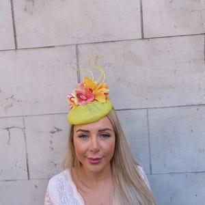 One Off Piece - Yellow Orange Pink Orchid Flower Sinamay Pillbox Hat Fascinator Headpiece Wedding Guest Races Hatinator u11903