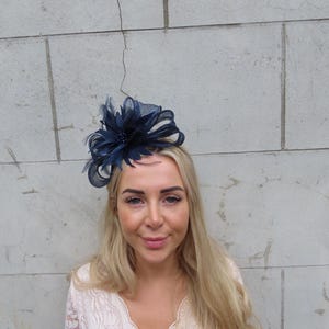 Navy Blue Fascinator Headband  Sinamay Bow Feather Flower Wedding Guest Headpiece Races Modern One off Piece - u12608