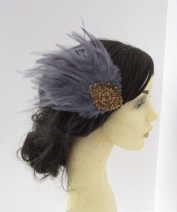 Dark Grey Bronze Gold Diamante Feather 