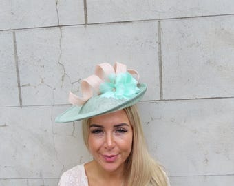 Large Light Sage Mint Green Peach Feather Flower Sinamay Hat Fascinator Disc Headband Wedding Guest Hatinator Races Ascot One Off - u12705