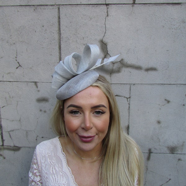 One off Piece - Light Grey Feather Sinamay Fascinator Pillbox Hat Headpiece Races Ascot Ladies Day Wedding Guest on a Headband u10311