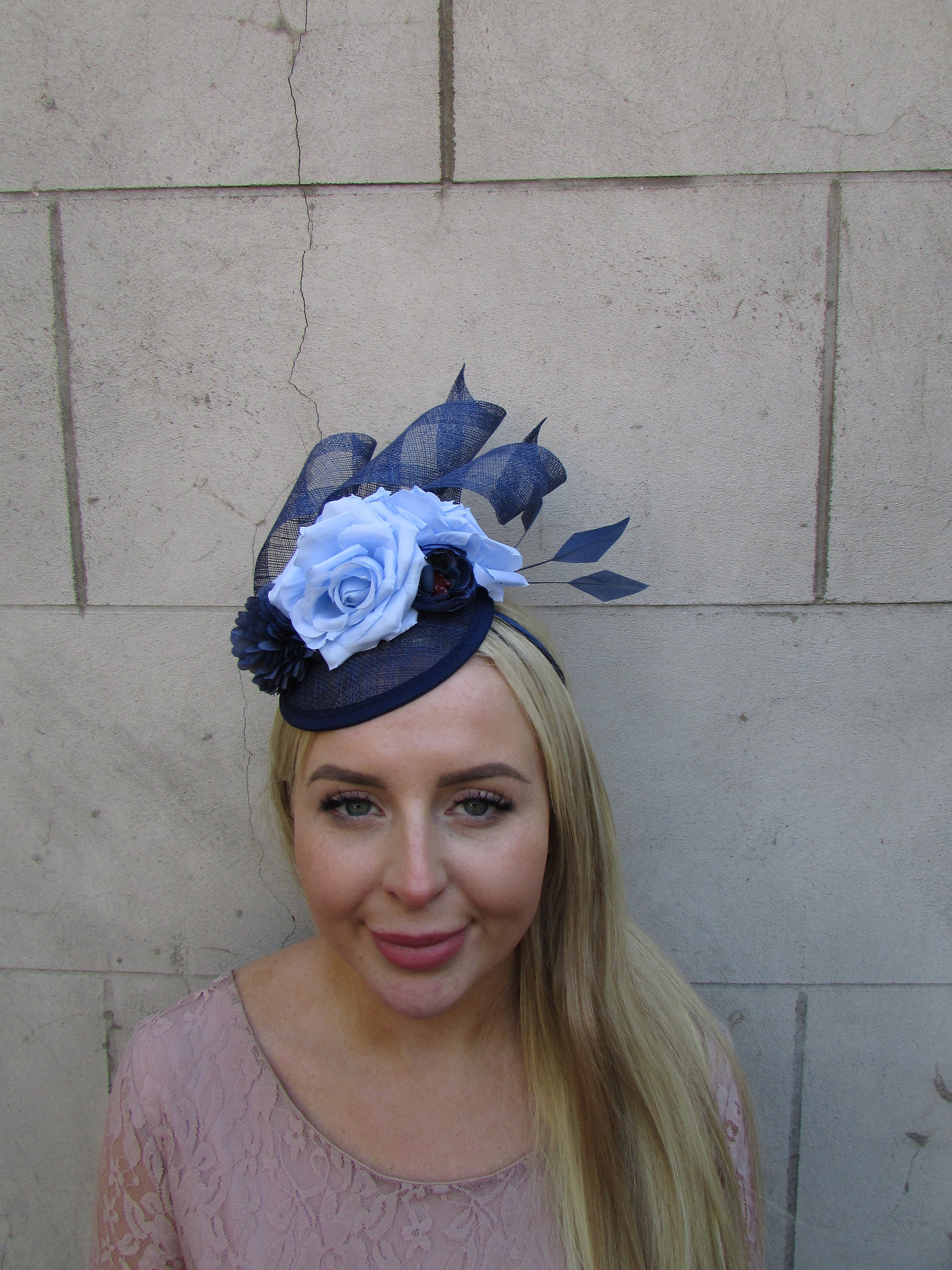 Navy Blue Light Blue Flower Fascinator 