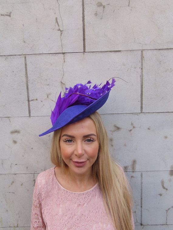Large Purple Feather Fascinator Hat Teardrop Wedding Guest  display picture 2