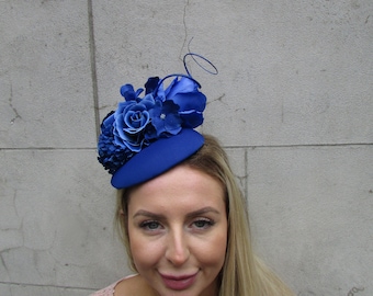 Royal Blue Rose Flower Pillbox Hat Fascinator Wedding Races Headband Floral Cobalt Blue Headpiece Hatinator Pillbox Hat 0444ac