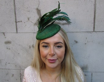 Emerald Green Peacock Feather Fascinator Sinamay Pillbox Hat Fascinator Headpiece Races Wedding Ladies Day Racing Green Hatinator u10311