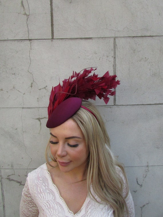 Burgundy Wine Red Feather Pillbox Hat Fascinator Wedding  display picture 1