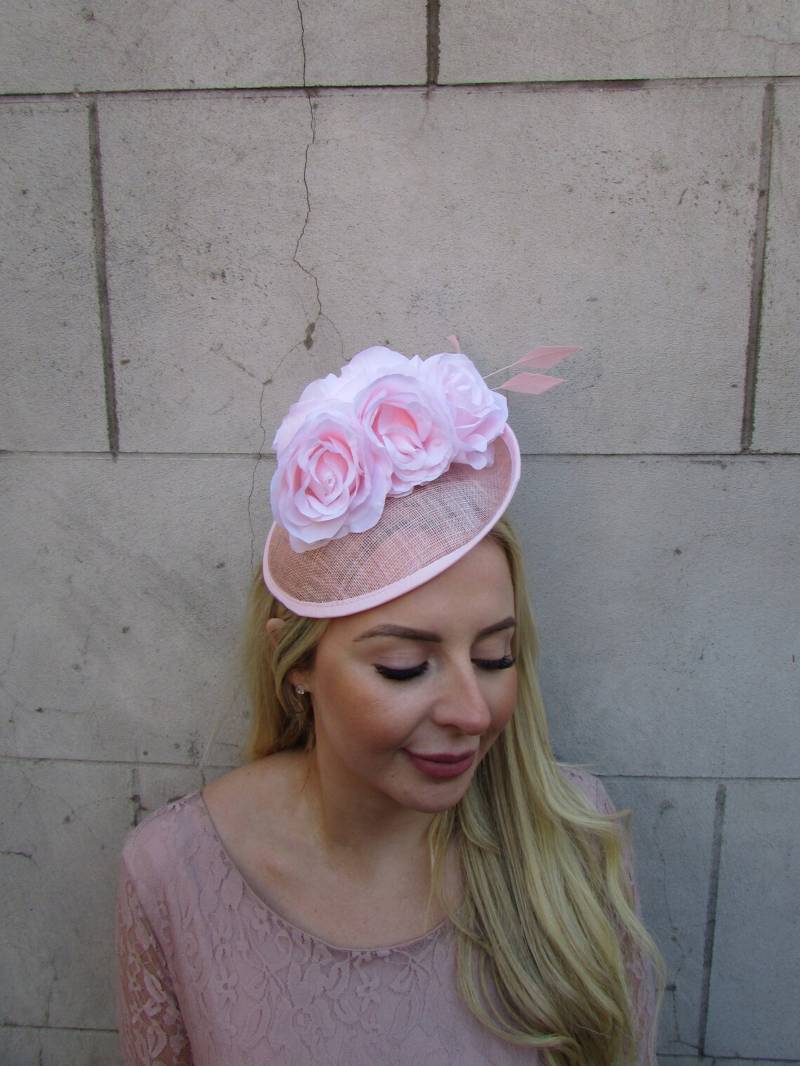 Blush Light Pink Feather Rose Flower Saucer Disc Hat Fascinator Races ...