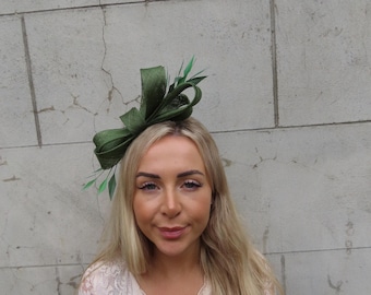 Olive Green Feather Fascinator Headband Sinamay Khaki