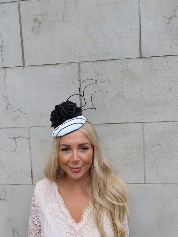 Black & White Striped Rose Flower Feather Pillbox Hat  display picture 1