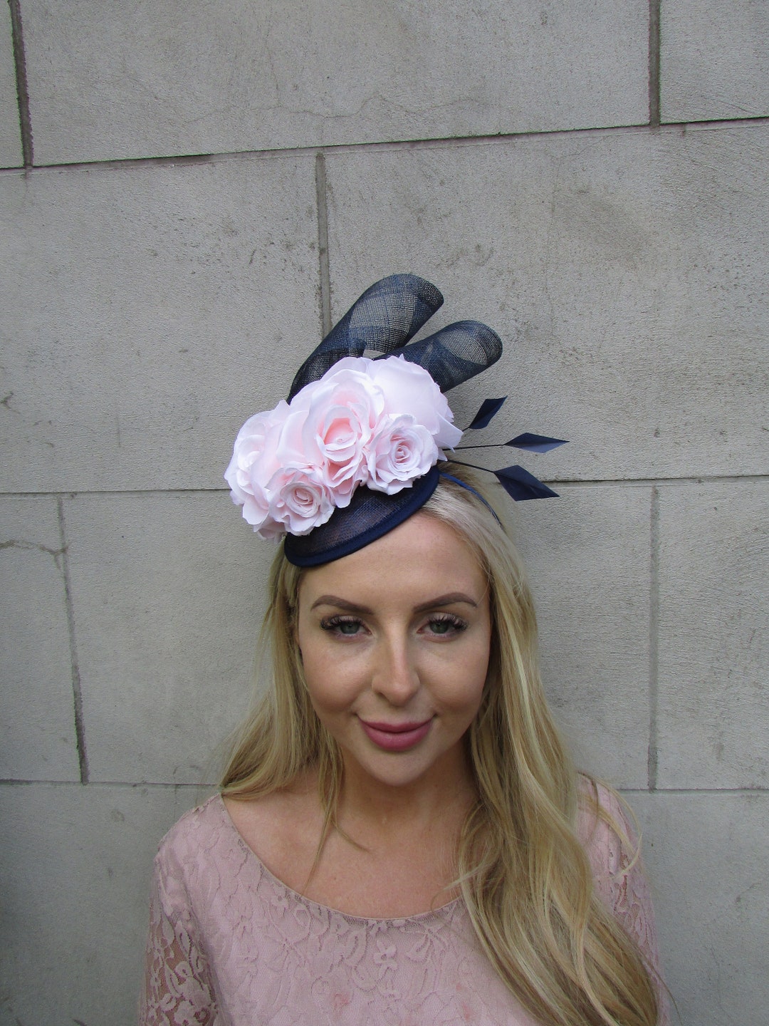 Navy Blue Light Blush Pink Pale Pink Flower Fascinator Floral Pillbox ...