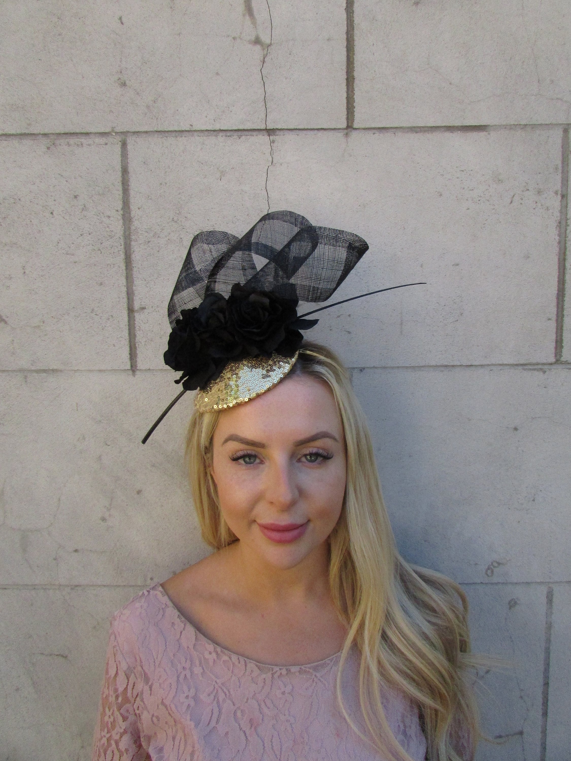 Black & Gold Sequin Rose Flower Feather Hat Fascinator Races 
