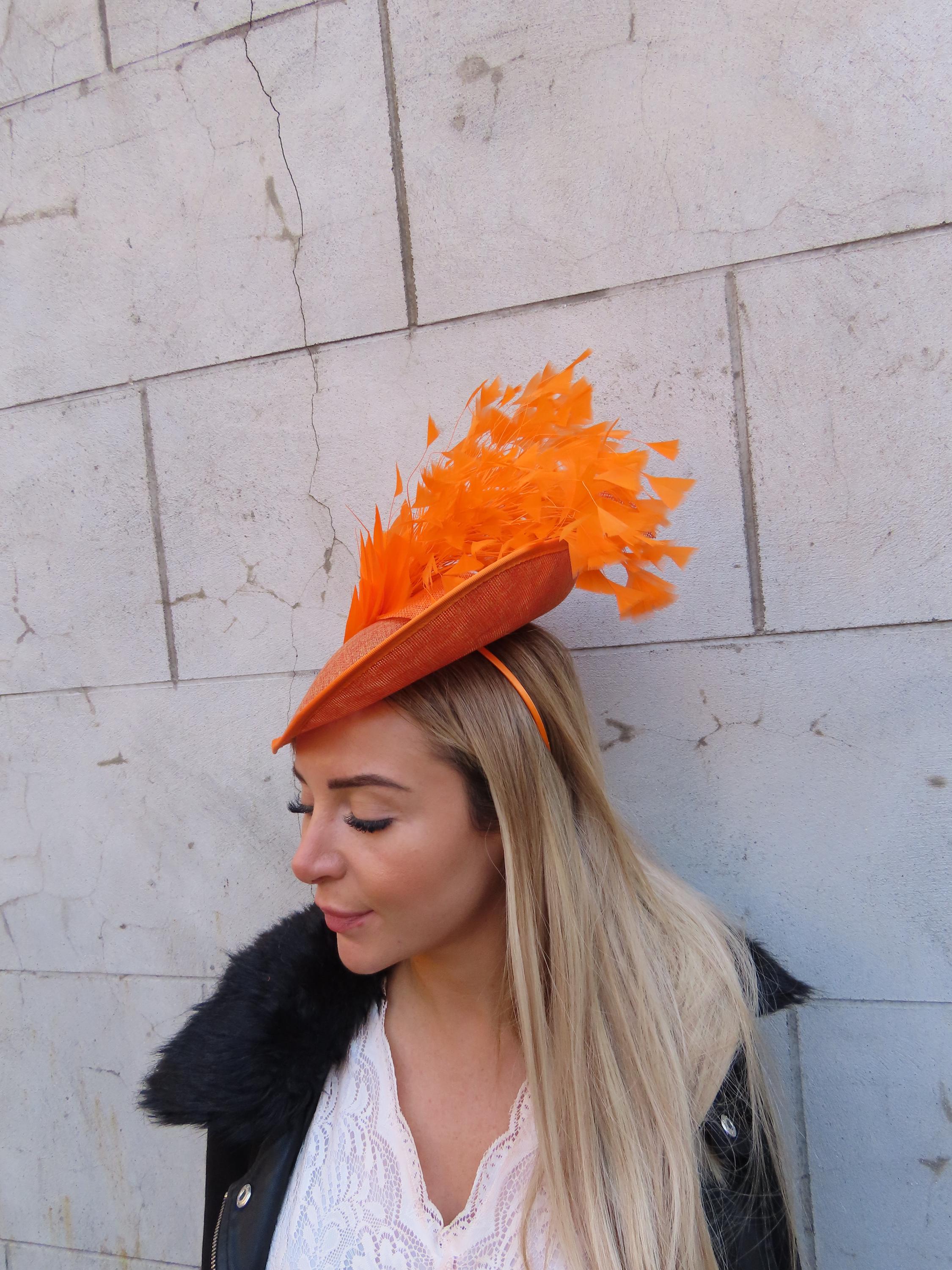 Fascinators Headband with Feather, Orange Tangerine orange ombre feather satin headband fascinator  main image 3