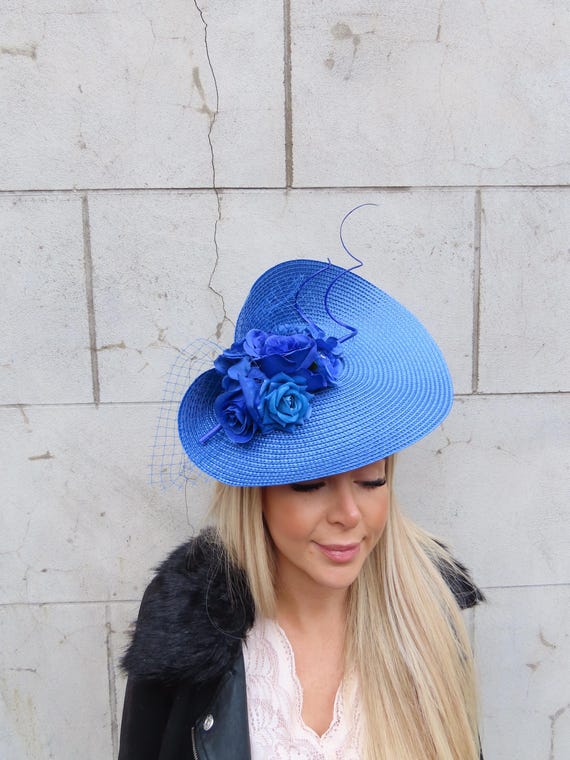 Large Royal Blue Flower Straw Style Hat Fascinator Wedding  display picture 1