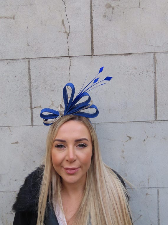 Royal Blue & Gold Sinamay Feather Fascinator Headband  display picture 3