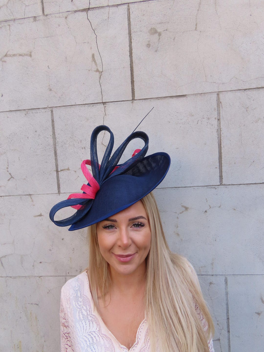 Navy Blue & Fuchsia Hot Pink Large Teardrop Fascinator Hat Wedding ...