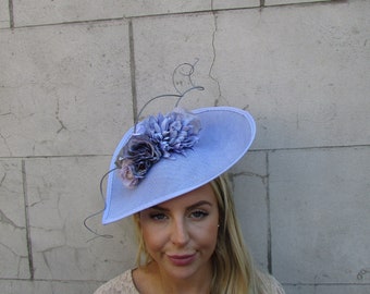 Large Light Cornflower Blue Periwinkle Bluebell Blue Grey Rose Floral Flower Fascinator Hat Big Teardrop Wedding Races sh-390