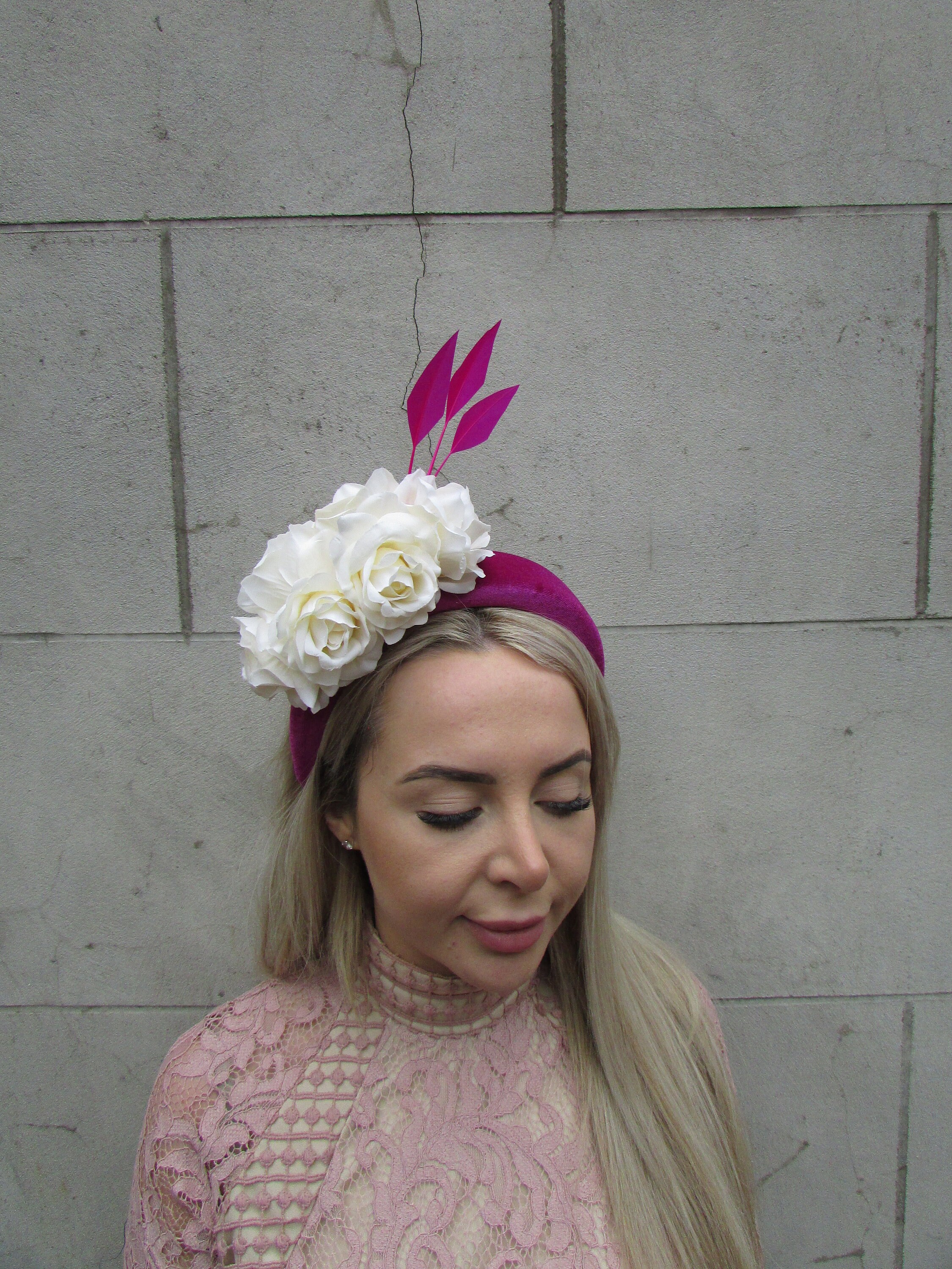 Fuchsia Magenta Pink Fascinator Cream Rose Flower Velvet  display picture 2