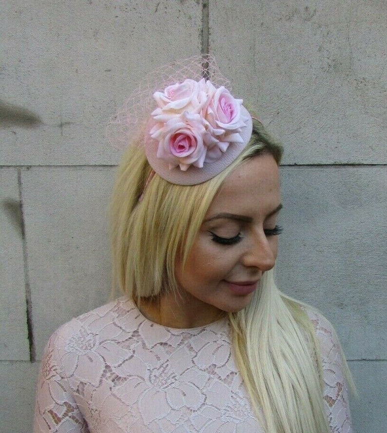 Blush Pink Light Pink Rose Flower Floral Teardrop Fascinator Hat Headband Hairband Hair Band Net Detailing Wedding Church Races 0591