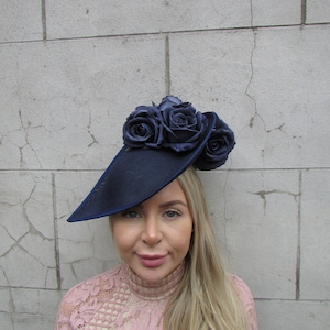 New Dramatic Large Navy Blue Dark Blue Flower Feather Fascinator Hat Big Teardrop Floral Hatinator Wedding Races Headpiece u12603