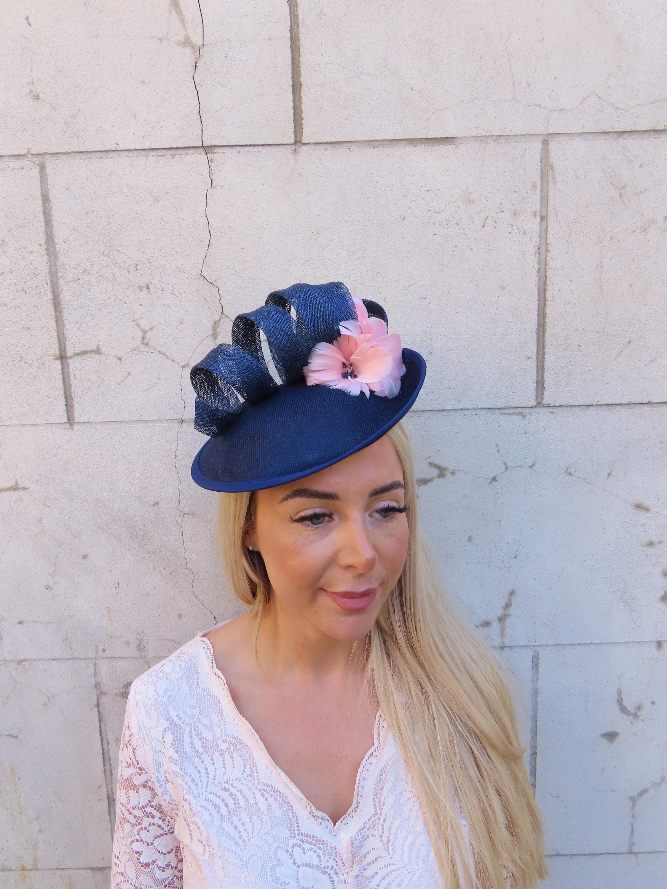 Large Navy Blue & Blush Dusky Pink Disc Feather Flower Fascinator Hat ...