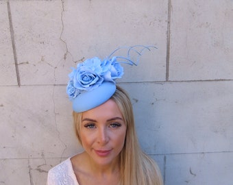 Light Blue Flower Feather Pillbox Hat Hair Fascinator Wedding Races Headpiece Headband Hairband Floral Baby Blue Ascot u10206