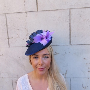 Large Navy Blue & Lilac Disc Feather Flower Fascinator Hat Races Hatinator Wedding Guest Hairband Headband Headpiece Statement Ascot u11605