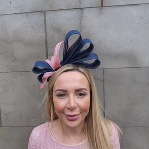 One off Piece - Navy Blue & Light Dusky Pink Blush Fascinator Headband Headpiece Races Wedding Guest Sinamay  Hatinator u11002