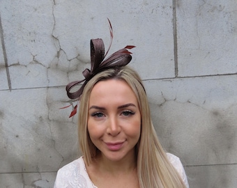 Dark Brown Feather Fascinator Headband Wedding Guest Races Sinamay