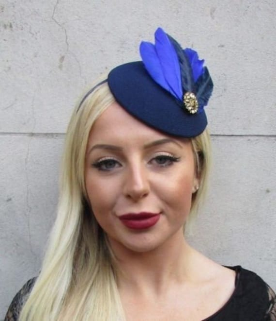 Royal Navy Blue Gold Feather Pillbox Hat Fascinator Races Wedding Hair Vtg 6516