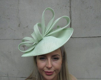 One off Piece - Large Light Mint Green Fascinator Hat Big Teardrop Hatinator Races Wedding Pale Green Sage Headpiece u11009 c1m