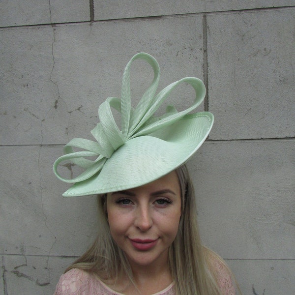 One off Piece - Large Light Mint Green Fascinator Hat Big Teardrop Hatinator Races Wedding Pale Green Sage Headpiece u11009 c1m