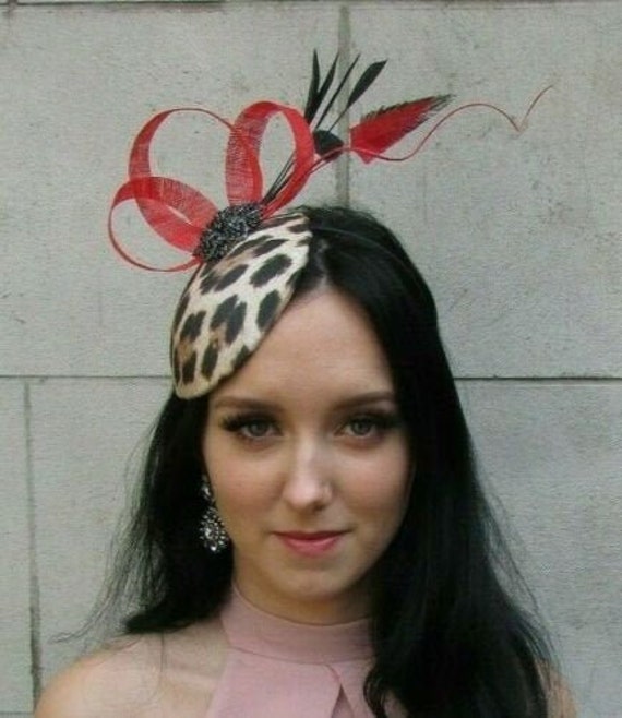Black Gold Feather Leopard Animal Print Hat Fascinator Races Wedding Hair 6416 