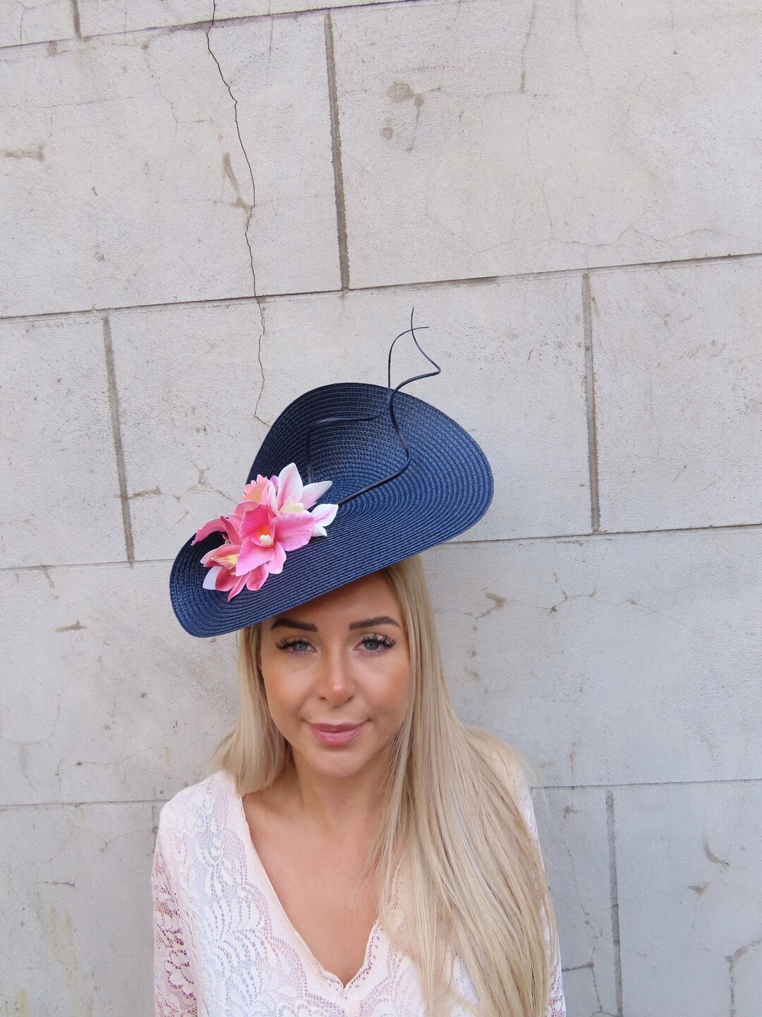 One off Piece Large Navy Blue & Hot Light Pink Orchid Flower Hat ...