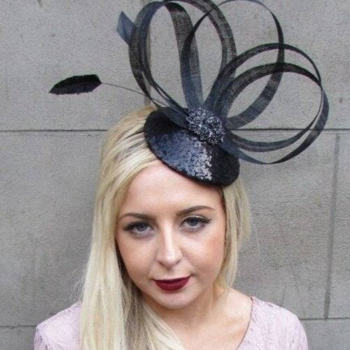 Black Rose Floral Flower Feather Hat 