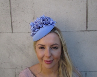 Cornflower Light Blue Flower Pillbox Hat Hair Fascinator Wedding Races Headpiece Headband Hairband Floral Periwinkle Lilac Blue sh-182