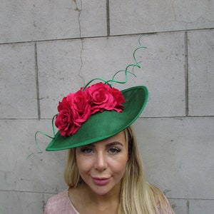 Large Cerise Hot Pink & Emerald Green Rose Floral Flower Fascinator Hat Big Teardrop Tilted Wedding Races Fuchsia sh-106