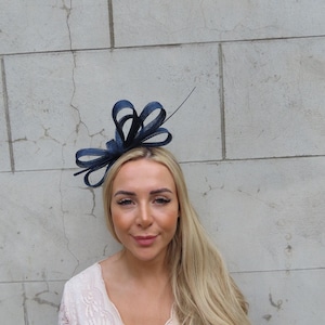 Navy Blue Feather Sinamay Headband Headpiece Races Wedding Guest Hairband Ladies Day Modern One off Piece - u12406