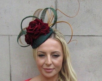 Bottle Dark Green Burgundy Wine Red Gold Flower Feather Hat Hair Fascinator sh-142