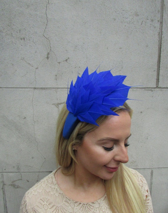 Royal Blue Headband with Feathers Royal Blue Feather Padded Headband Fascinator Races Wedding  main image 4