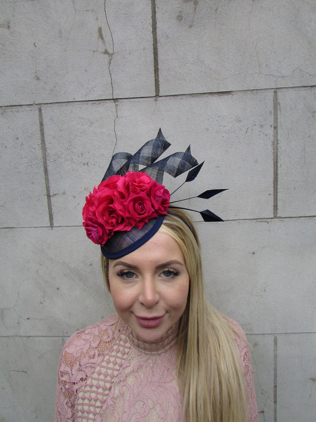 Navy Blue Hot Pink Fuchsia Flower Feather Hat Fascinator Races Wedding ...