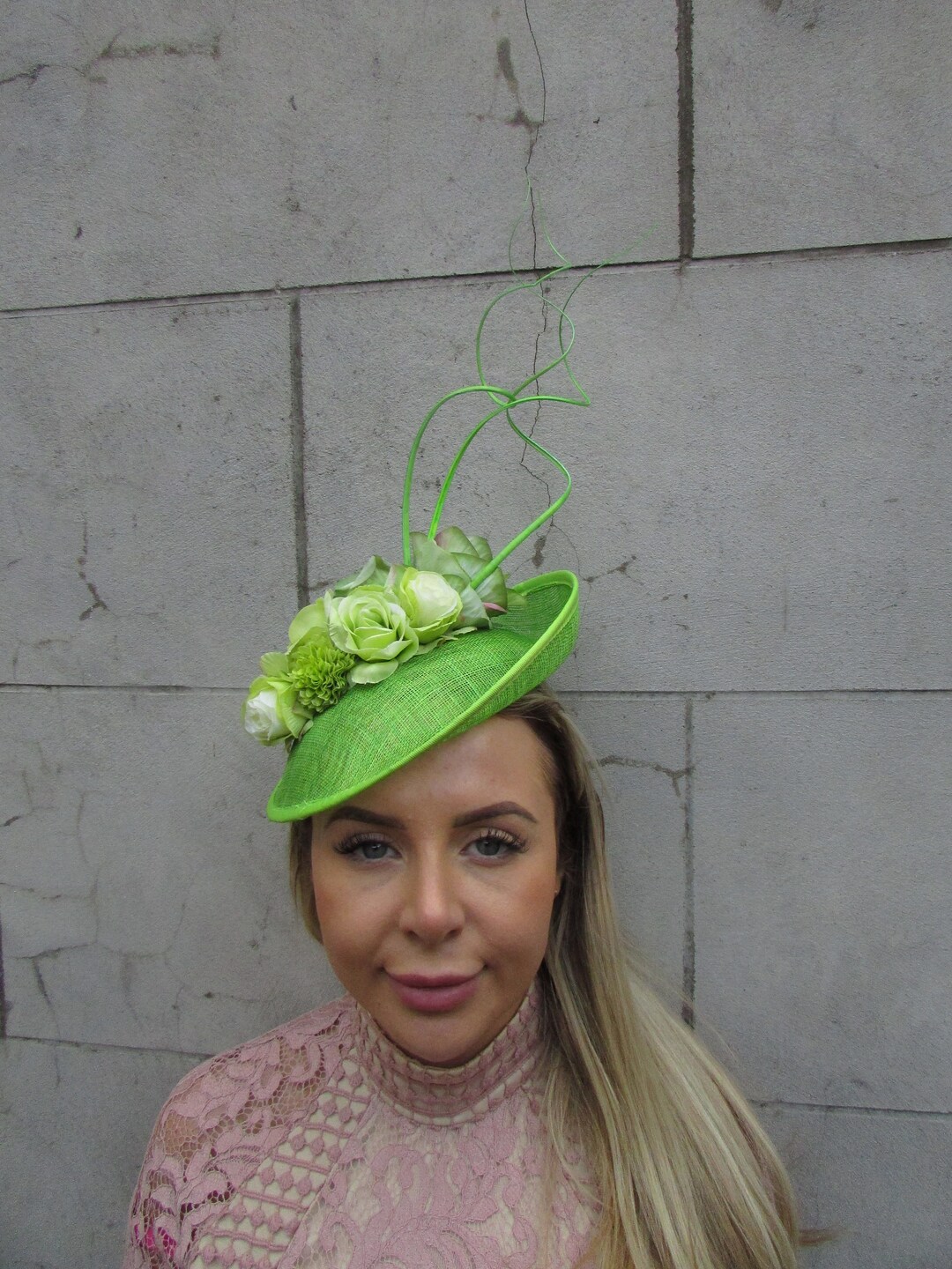 Lime Green Flower Fascinator Feather Hat Disc Floral Races Wedding