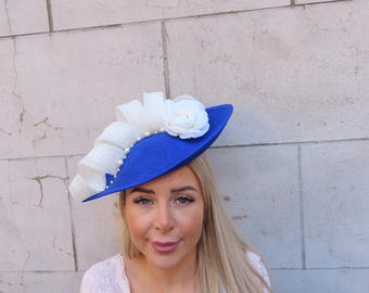 One off Piece Large Royal Blue Straw Style Hat Fascinator 