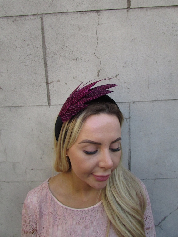 Black Magenta Pink Spotty Feather Padded Headband Fascinator 