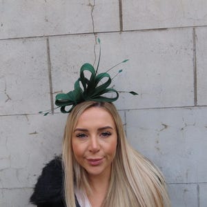 Bottle Green Feather Fascinator Headband Headpiece Races Wedding Guest Sinamay Ladies Day Modern Dark Green One off Piece - u11802