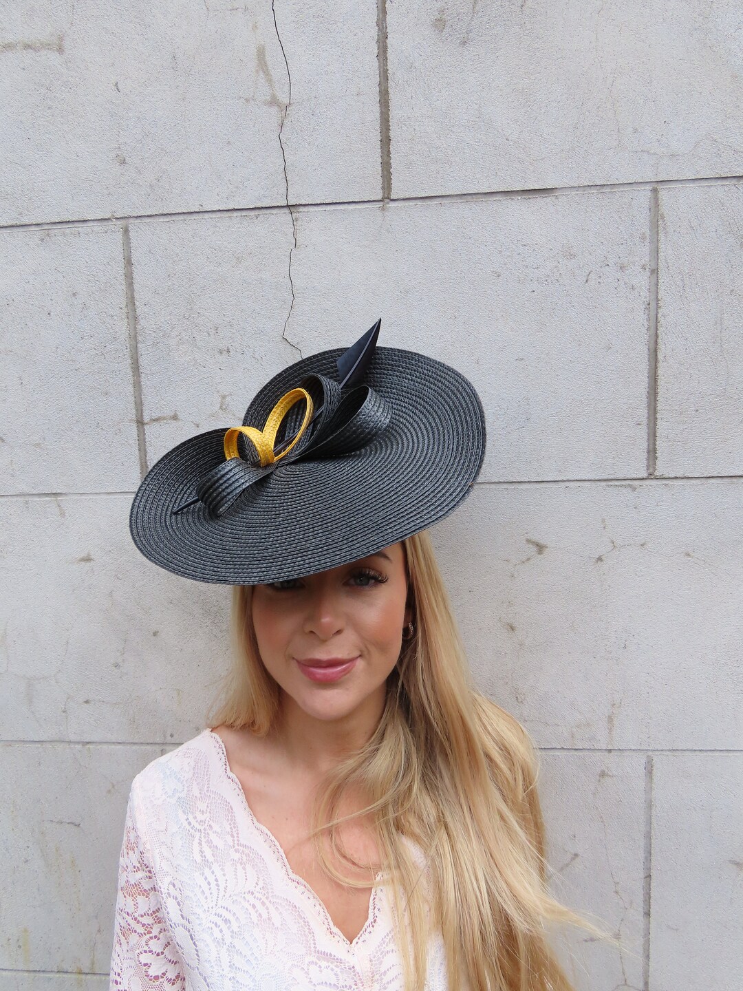One off Piece Large Black & Mustard Yellow Feather Straw Style Hat ...