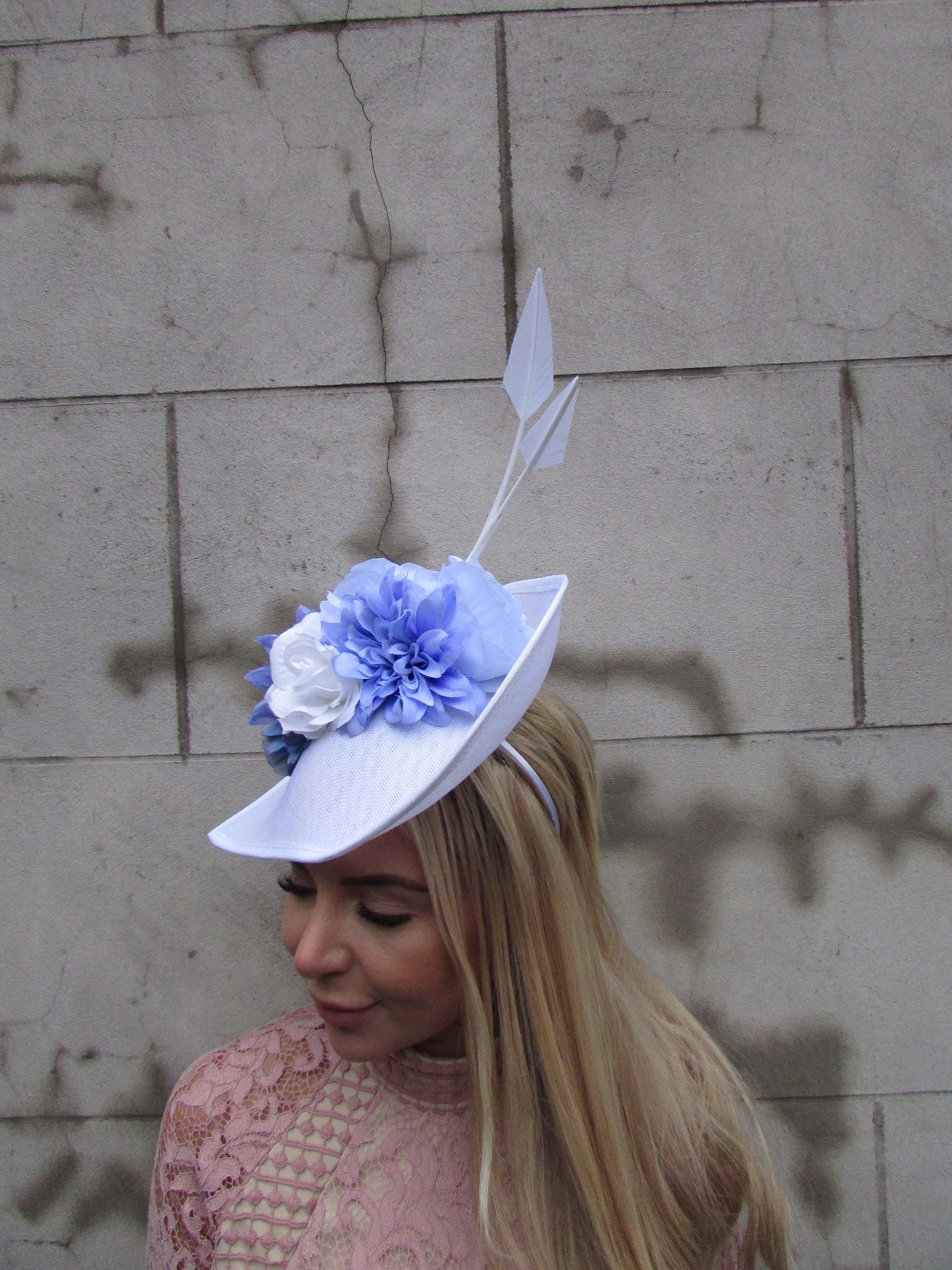 VTG Light Blue Floral Feather Headpiece Whimsigoth Cottagecore Fascinator Hat Blue feathered fascinator hat/wedding hat/Royal Ascot hats  main image 2