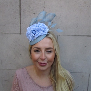 Light Blue Sinamay Rose Flower Feather Hat Fascinator Races Hair Band Wedding Guest Floral Powder Blue SH-44