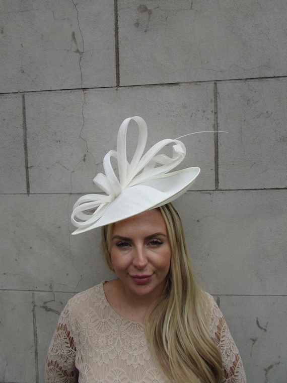 One off Piece Large Cream Teardrop Fascinator Hat Headband Hatinator  Races Wedding Hairband u12007