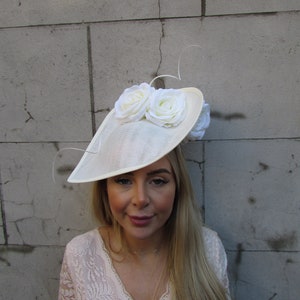 Large Cream Rose Flower Feather Hat Fascinator Big Teardrop Tilted Headband Races Wedding Guest Ascot Floral Hatinator Headpiece u10311